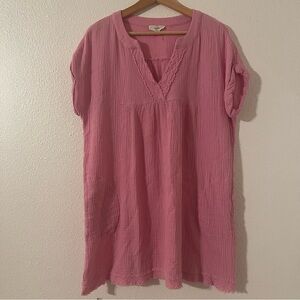 ENTRO Gauzy Cotton Dress Pink Mini Short Sleeve Boho Peasant size small
